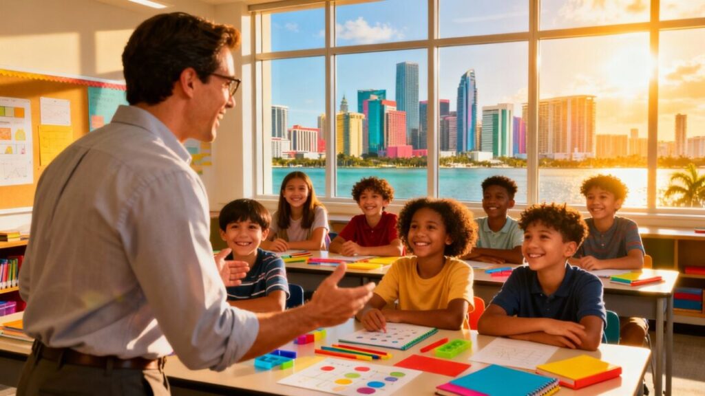 Students learning in a bright, modern Miami classroom.