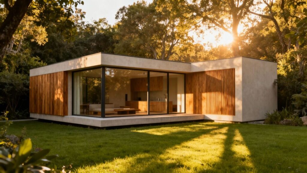 Modern backyard bungalow in a green yard.