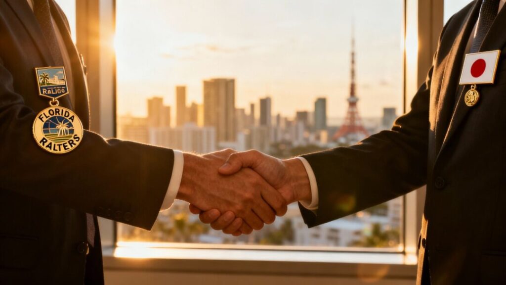 Florida and Japan real estate leaders shake hands, symbolizing global partnership.