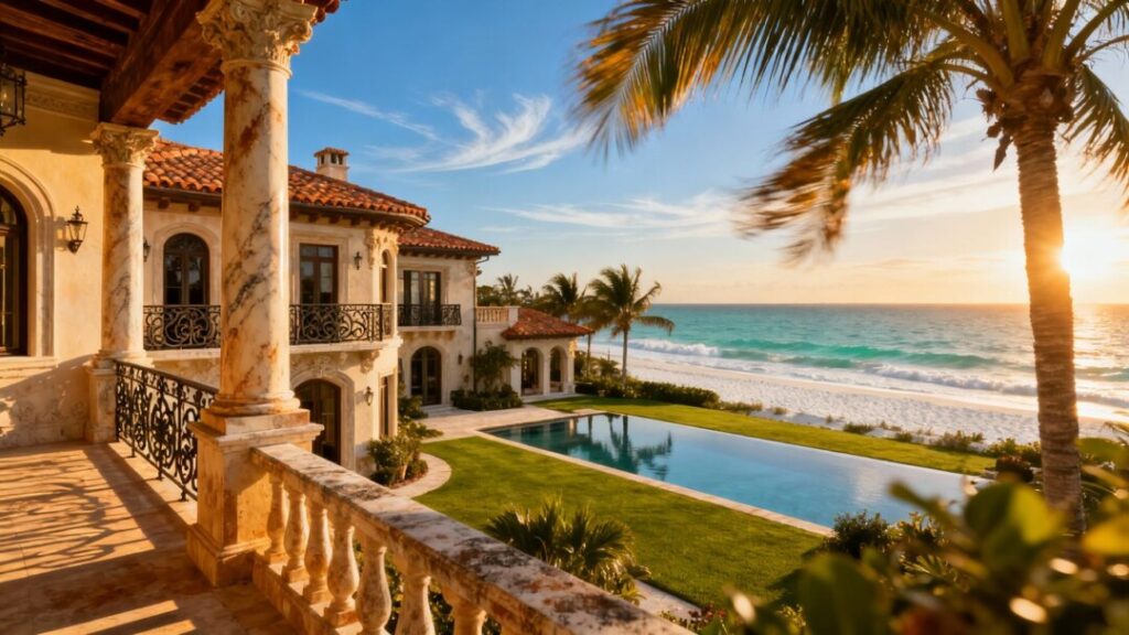 Larry Ellison's Florida estate with palm trees and ocean.