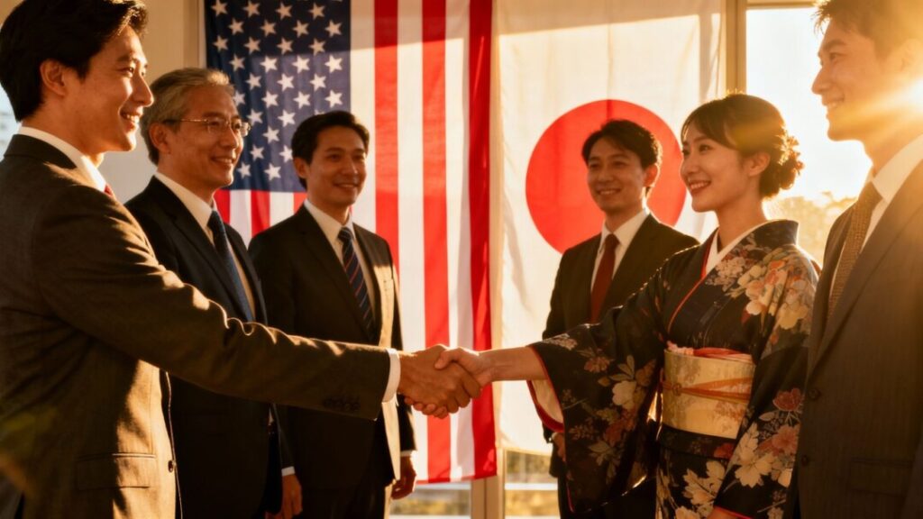 Florida and Japan real estate groups shake hands.