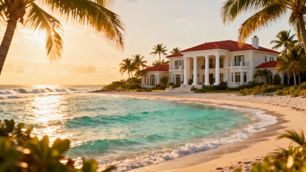 Luxury Florida mansion with ocean view and palm trees.