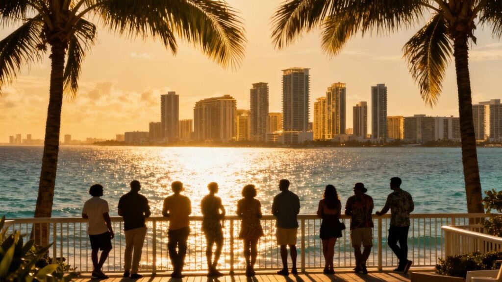 South Florida skyline with ocean and palm trees.