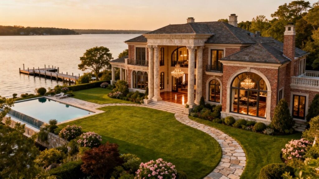 Luxury mansion on Palm Island with waterfront view.