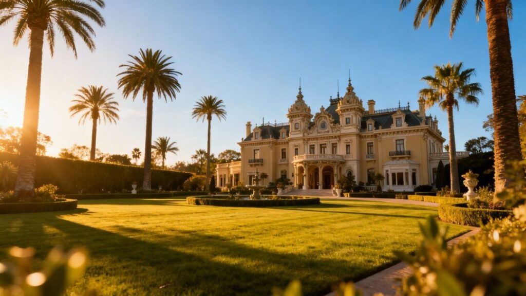 Opulent mansion with palm trees and sunny sky.