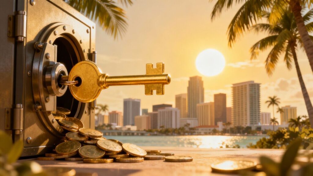 Florida skyline with golden key and overflowing coin vault.