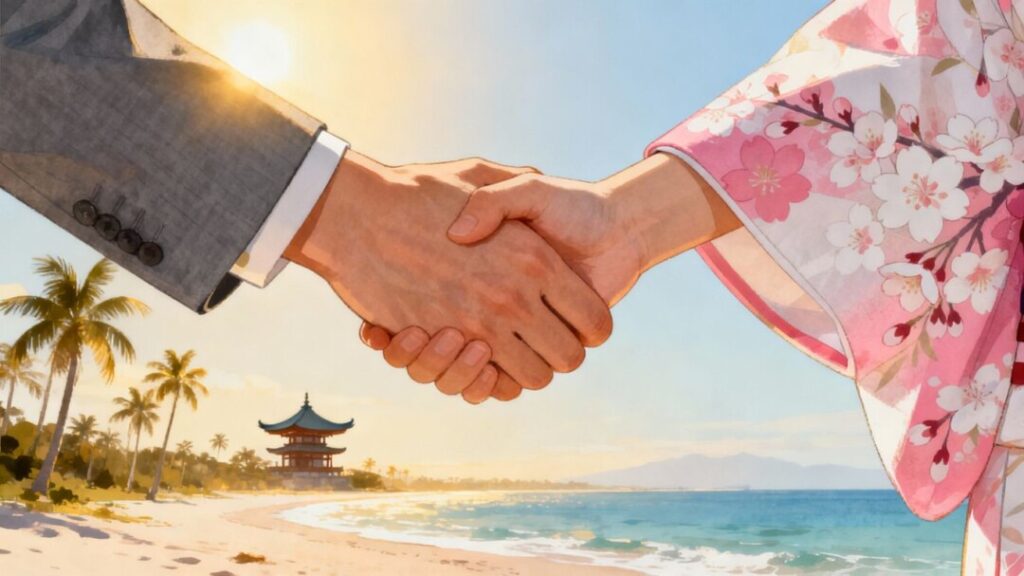 Florida and Japan real estate handshake with coastal and pagoda background.
