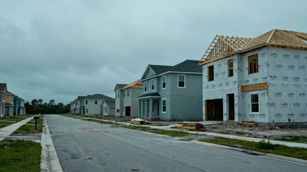 Empty Florida housing development with overcast sky.