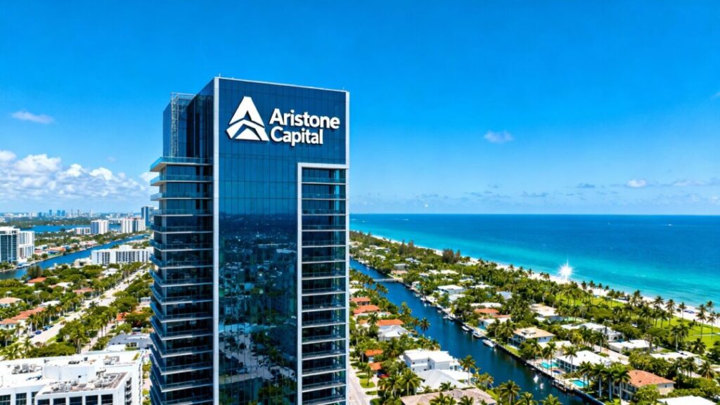 Aristone Capital skyscraper overlooking Southeast Florida cityscape and ocean.