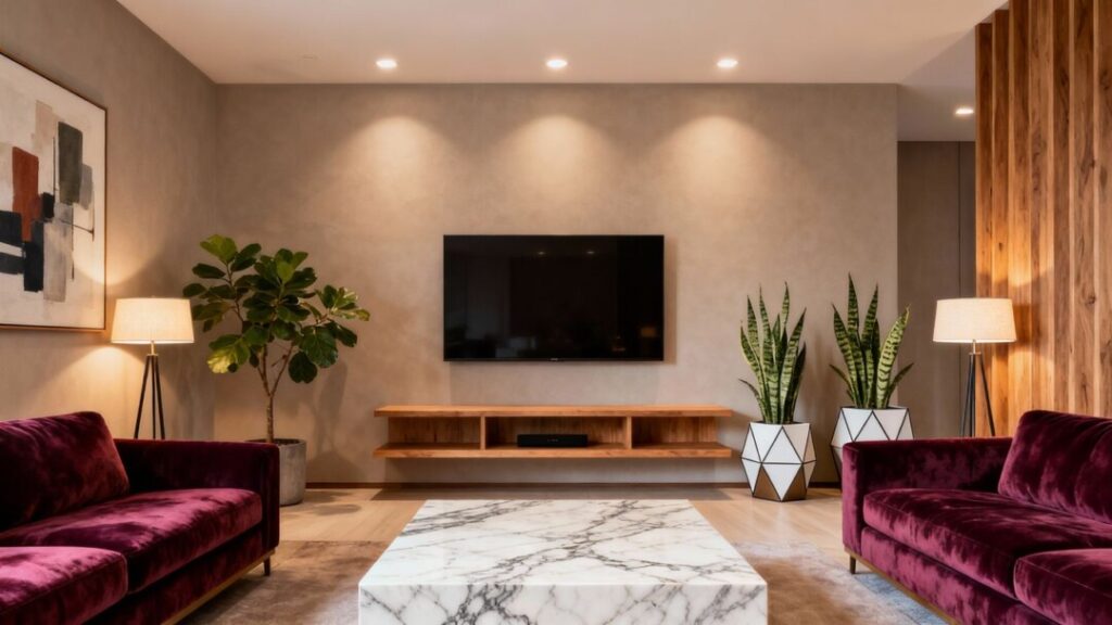 Modern living room with velvet sofas and abstract art.