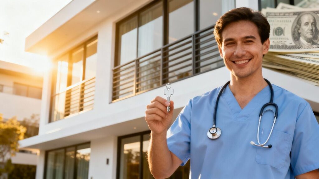 Doctor with keys in front of rental property, money in background.