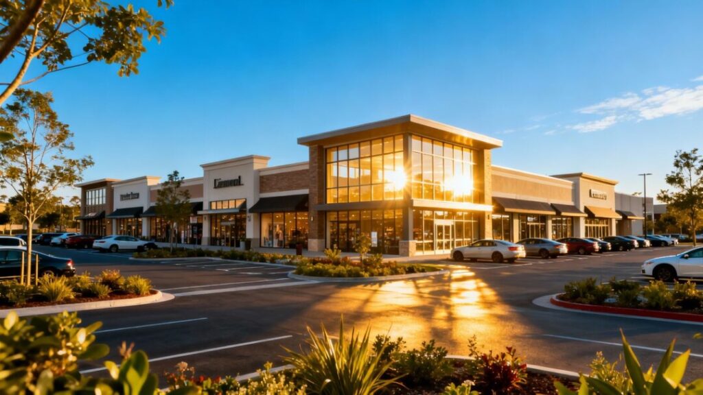 Retail shopping center with storefronts and parking.