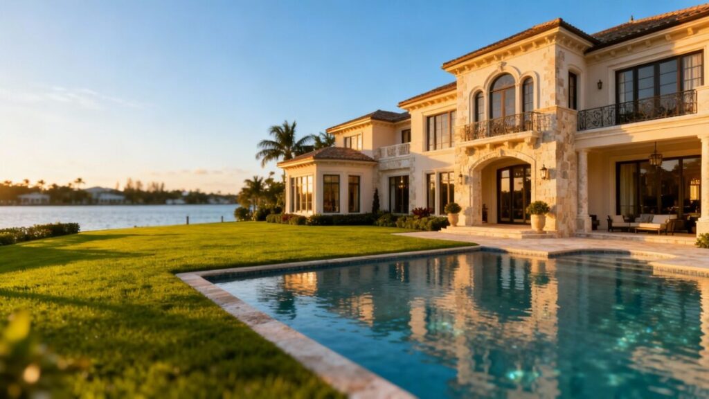 Florida luxury mansion with pool and ocean view.