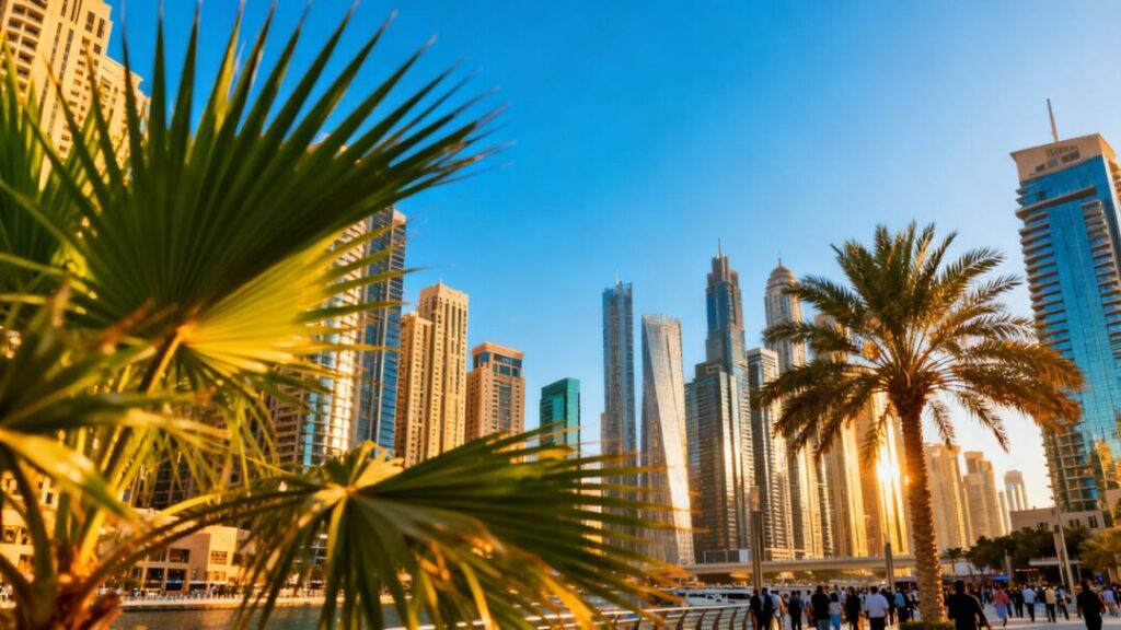 Miami skyline with palm trees and skyscrapers.