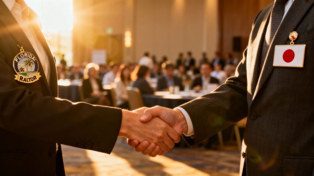 Florida Realtor shakes hands with Japanese counterpart.
