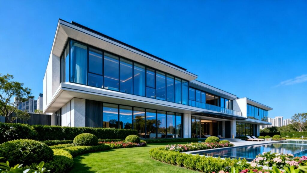 Luxury building exterior with modern architecture and landscaping.
