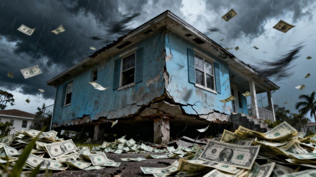 Florida home with money blowing away under stormy sky.