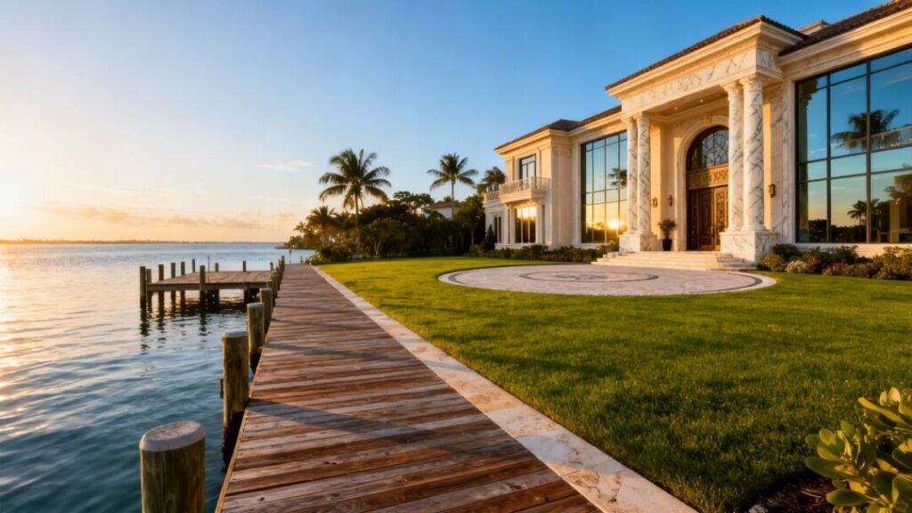Luxury Palm Island mansion with waterfront view and dock.