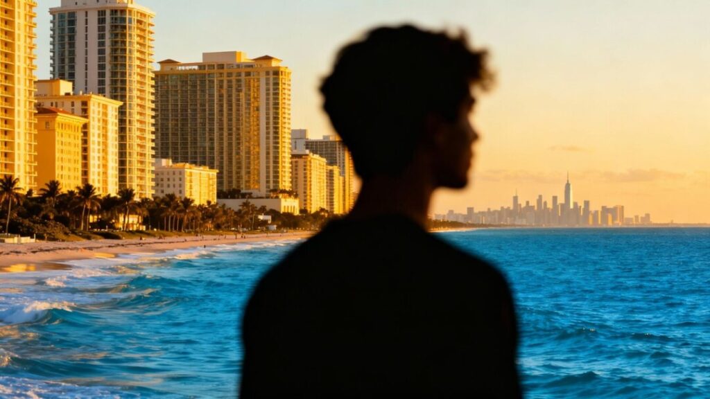 Florida coast with luxury buildings, New York skyline hint.