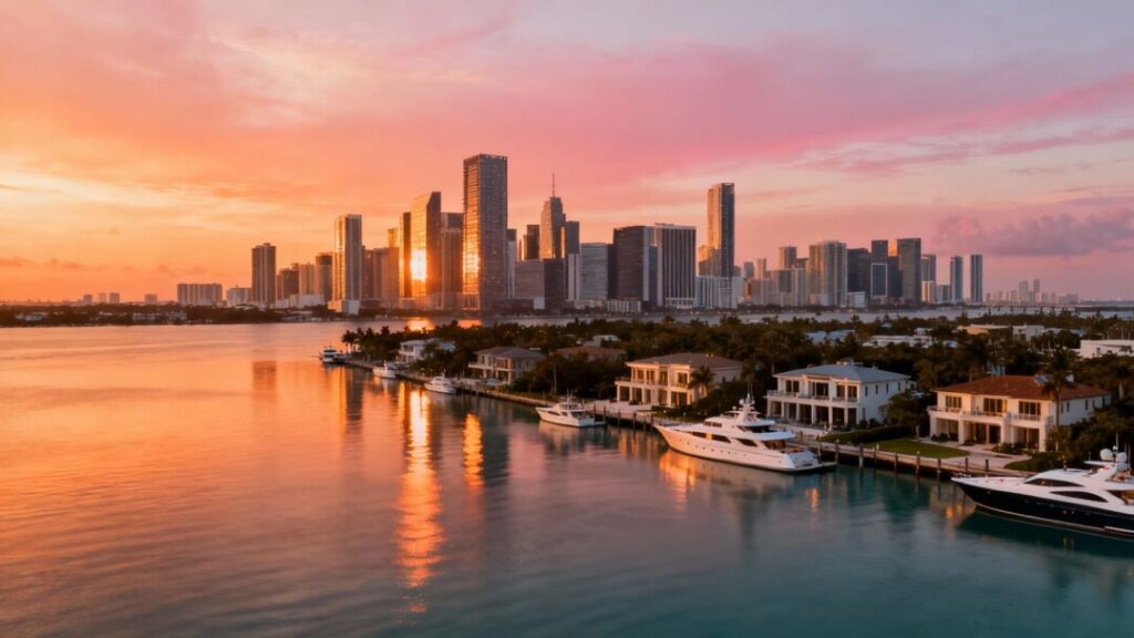 Miami skyline with luxury waterfront properties and yachts.