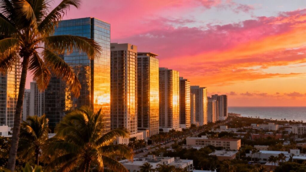 South Florida skyline with palm trees and ocean.