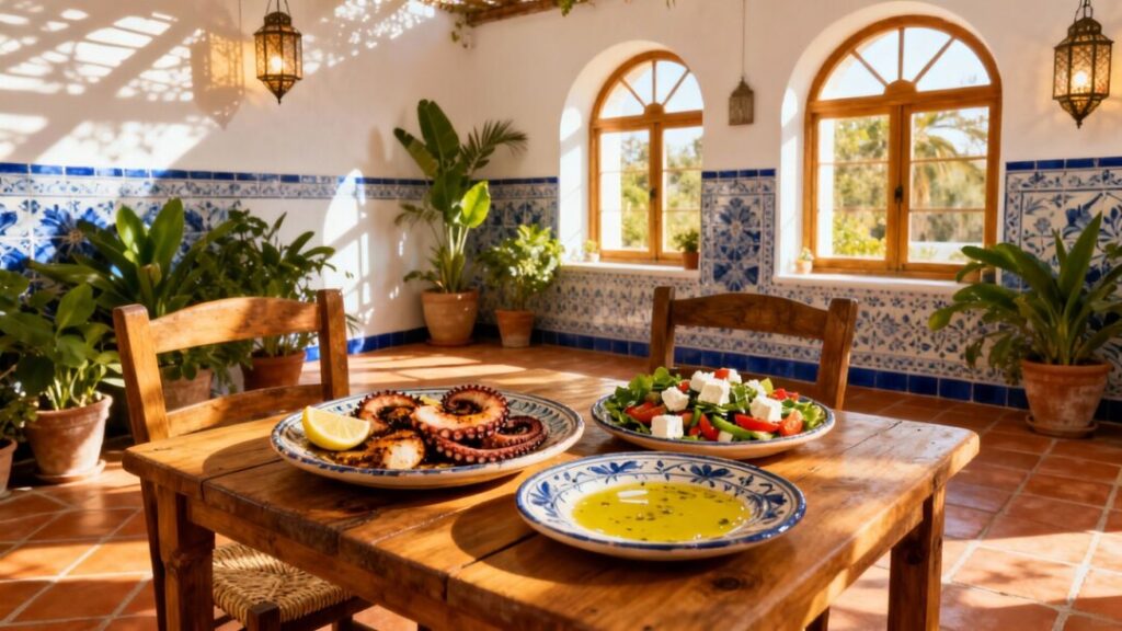 Interior of AVA MediterrAegean restaurant with Greek food.