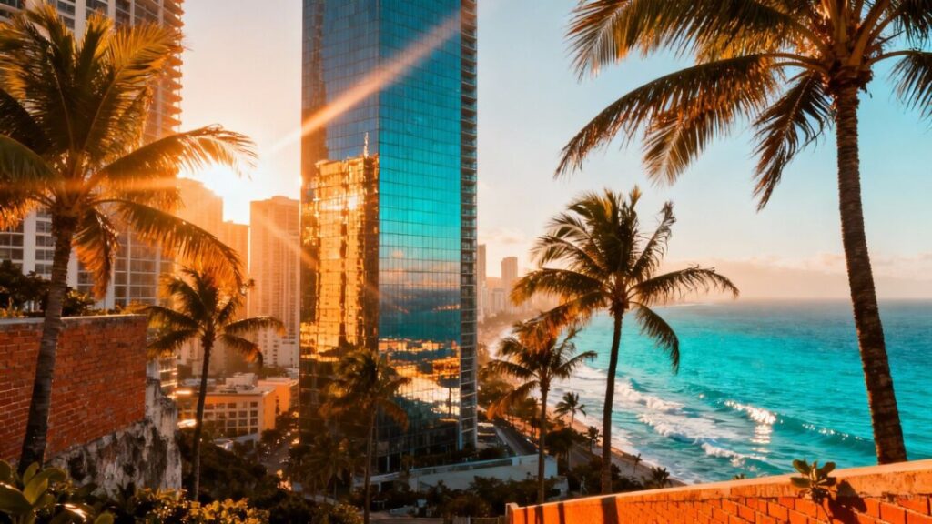 Miami skyline with palm trees and ocean.