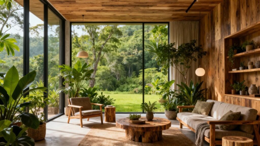 Eco-friendly living room with plants and natural light.