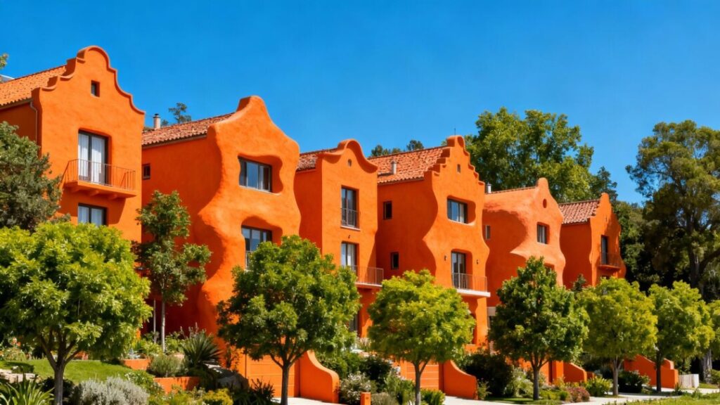 Unique orange homes in Nevada City with green trees.