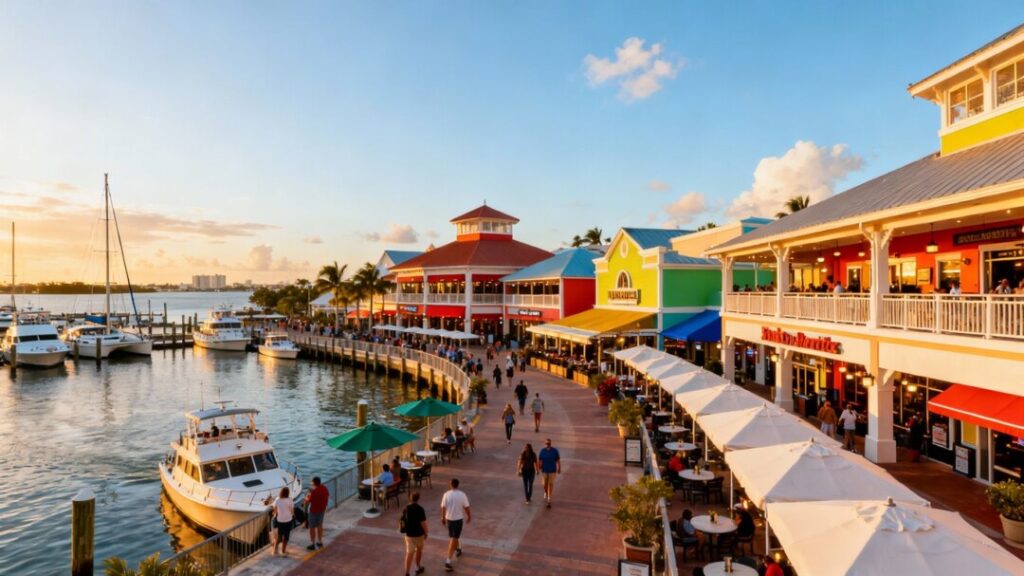 Bayside Marketplace waterfront shopping and dining complex with docked boats.