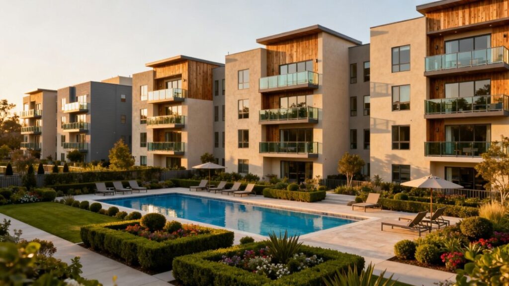 Modern apartment complex with pool and landscaping.