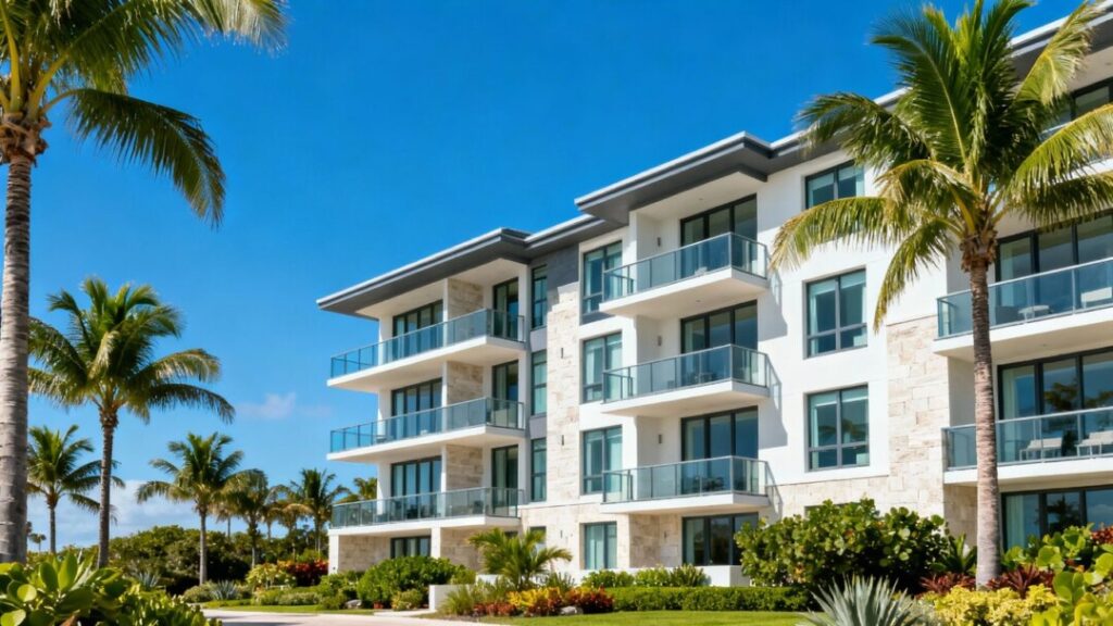 Surf Row Residences construction site with condos and palm trees.