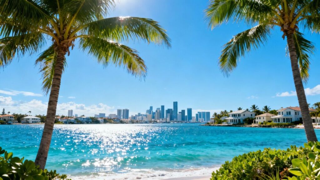 Florida coastline with homes and cityscape