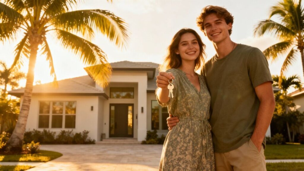 Couple with keys outside Florida home