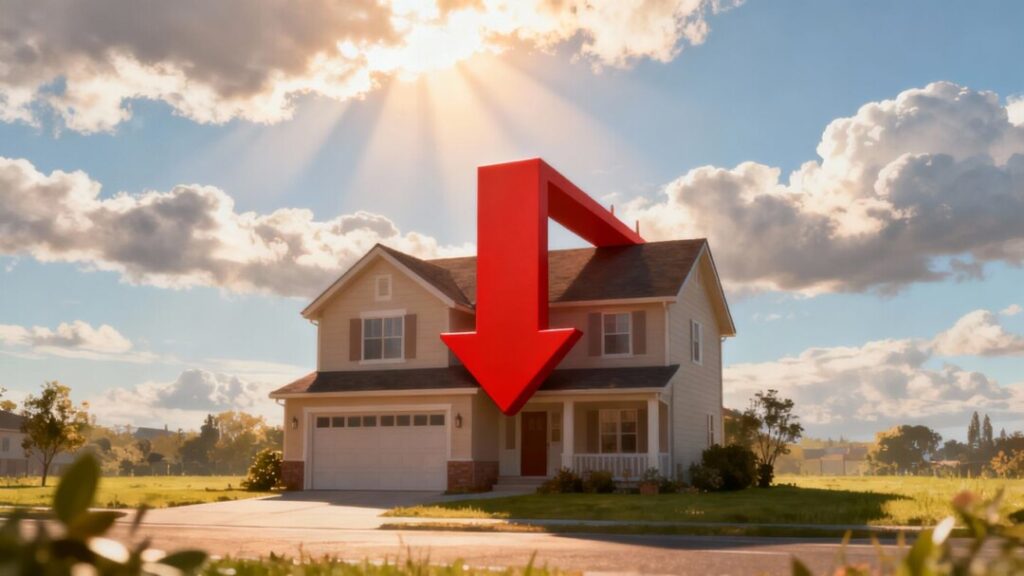 House with falling mortgage rate arrow, bright sunlight.