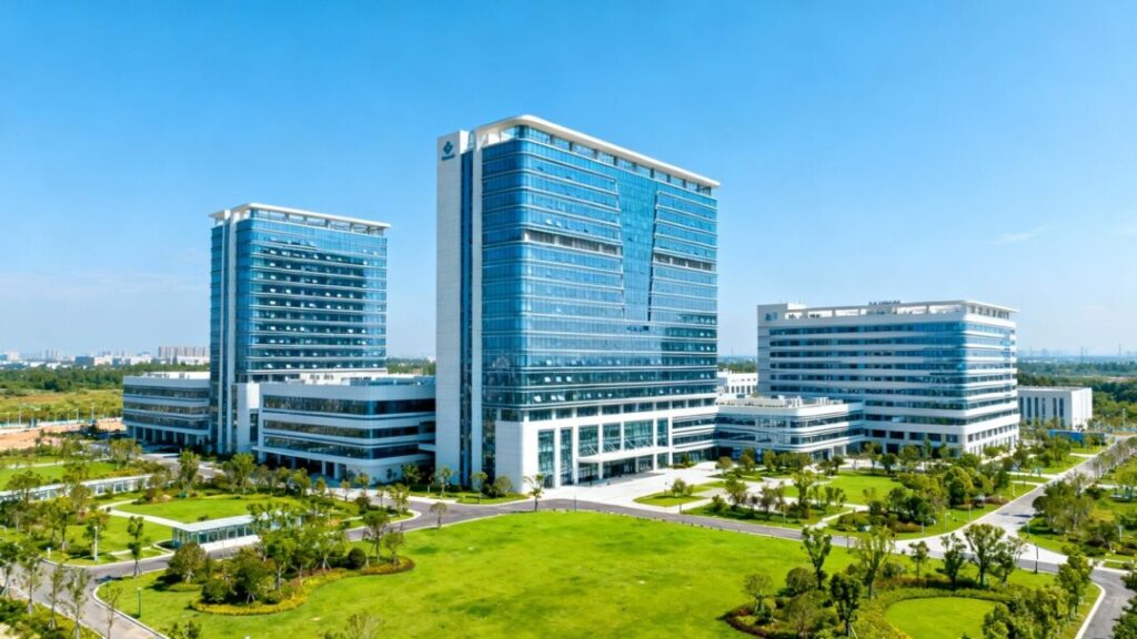 Modern healthcare buildings and green landscaping.