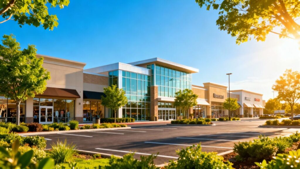 Retail shopping center with storefronts and parking.