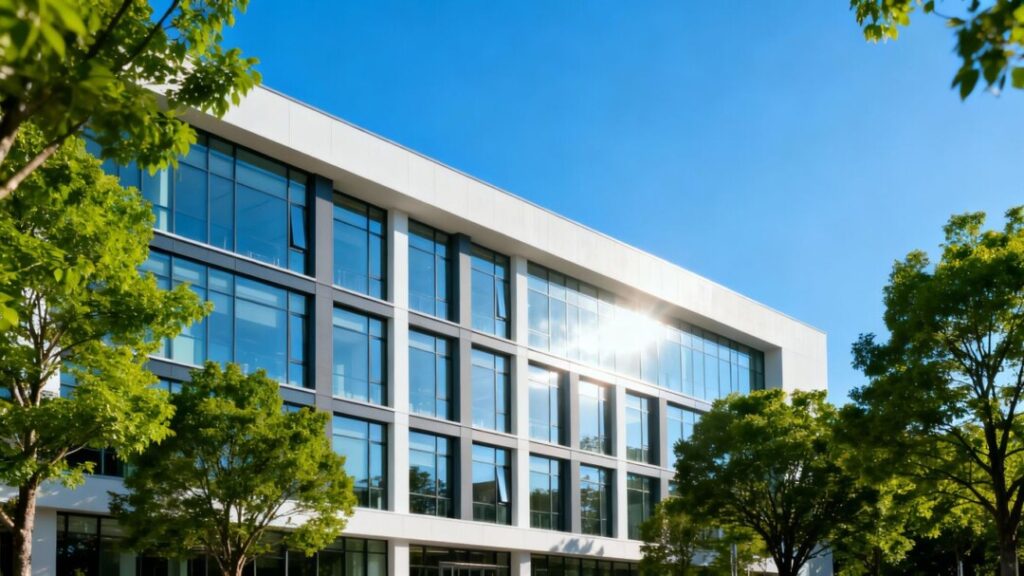 Woodland Hills office building exterior with trees and blue sky.