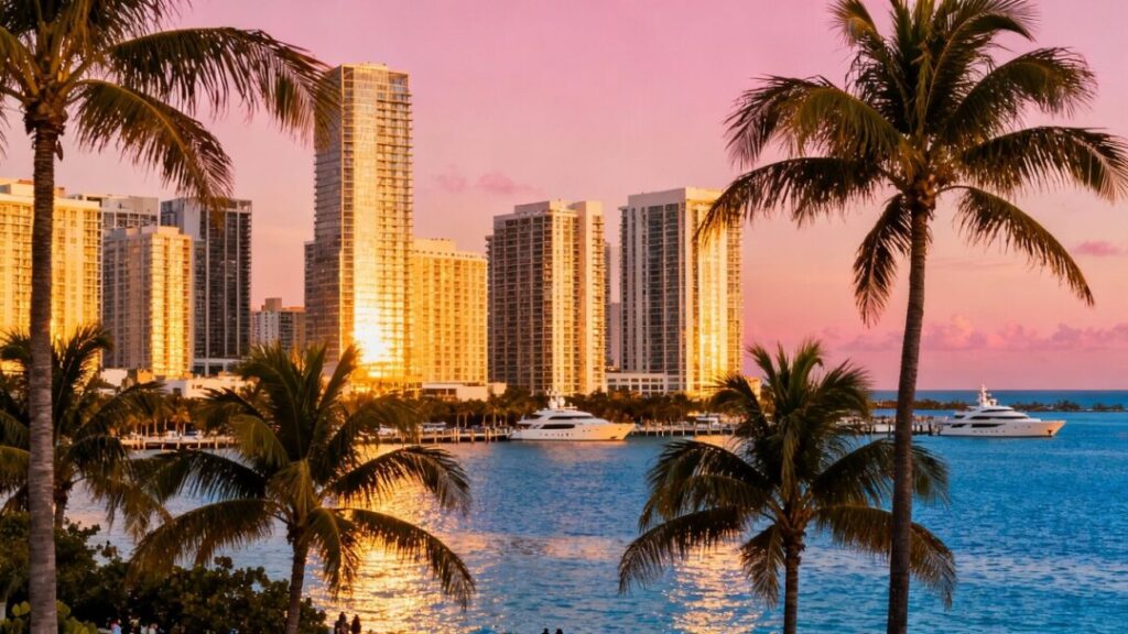 Miami skyline with skyscrapers, palm trees, and ocean.
