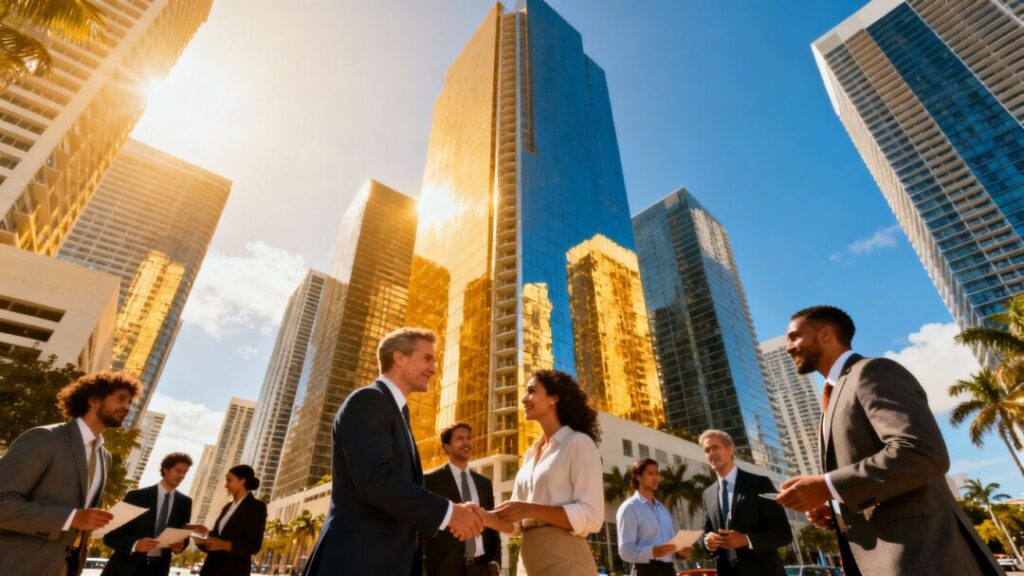 Florida cityscape with business professionals and skyscrapers.
