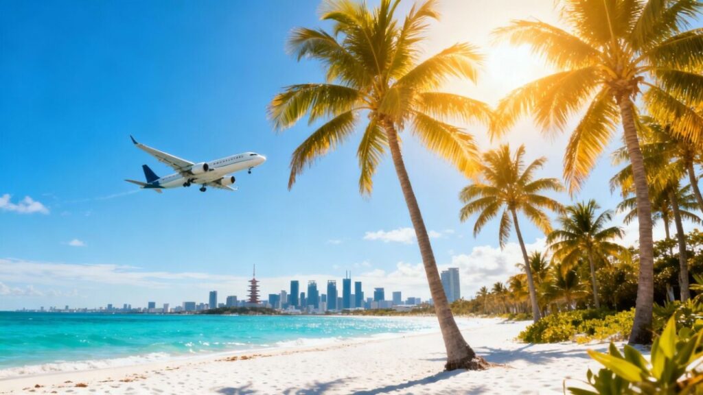 Florida beach, airplane, and Japanese cityscape