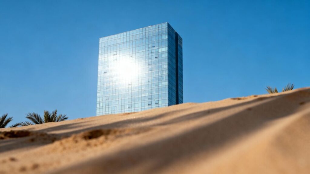 Broward County office building with sandy foreground and blue sky.