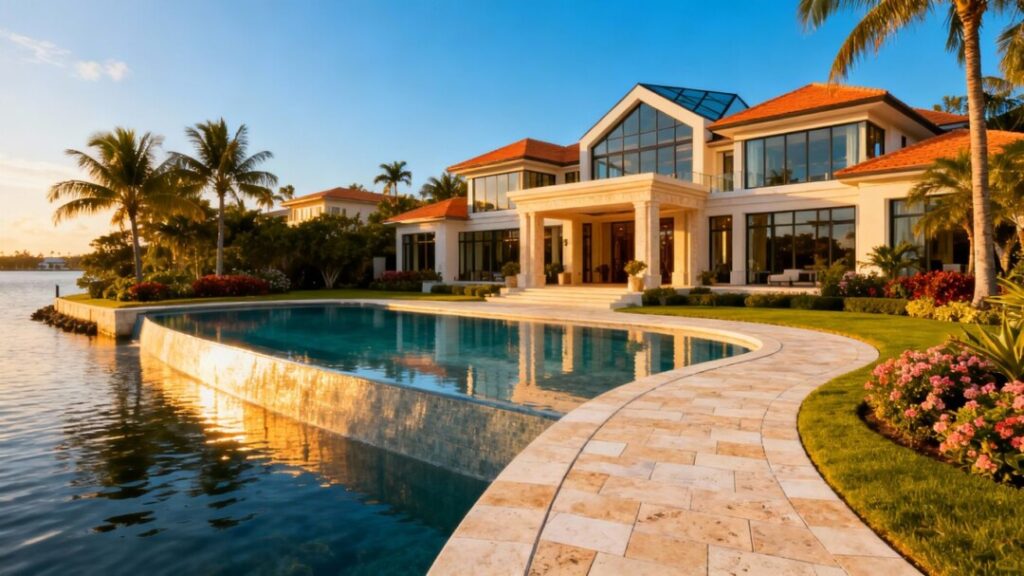 Palm Island mansion with pool and waterfront view.