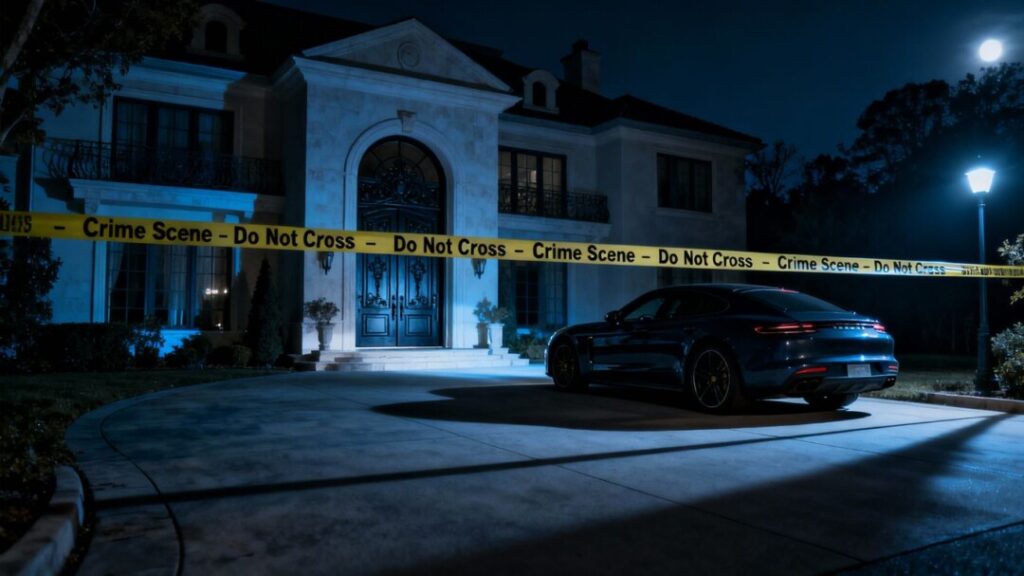 Luxury home and stolen Porsche after a heist.