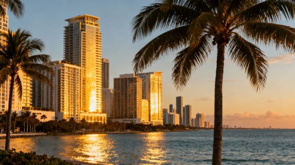 Miami skyline with palm trees and ocean.