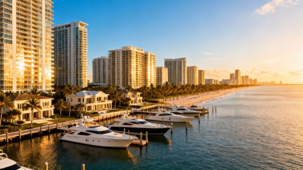 South Florida luxury real estate with ocean views and modern buildings.