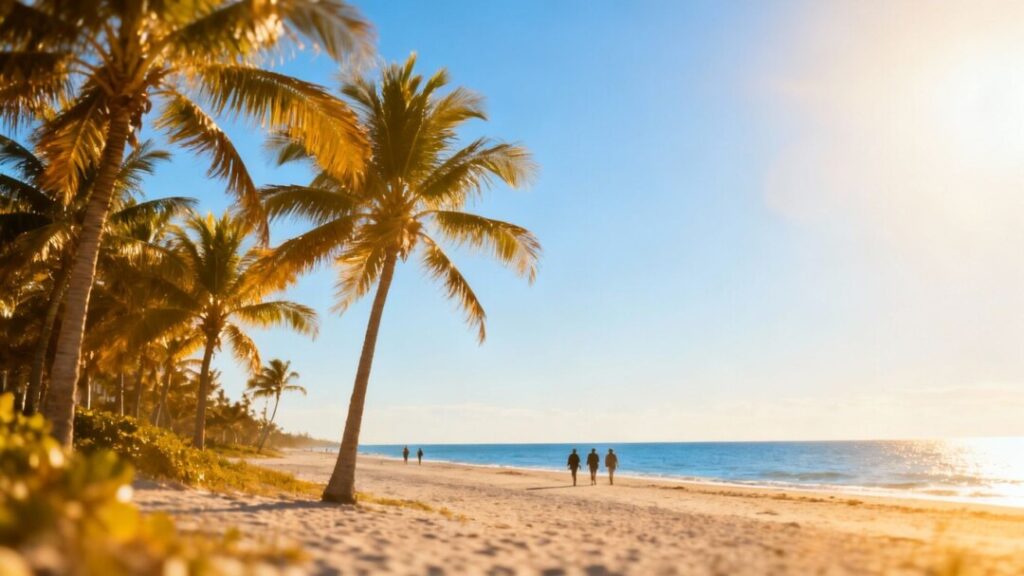 South Florida beach with palm trees and ocean.