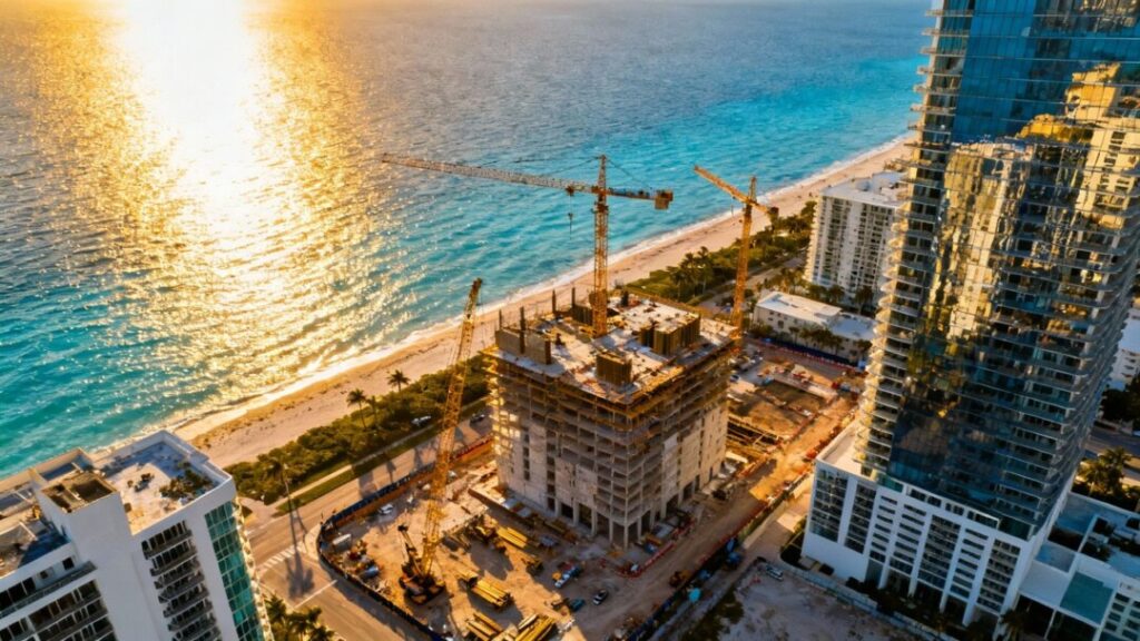 Florida coastline with new construction and cranes.