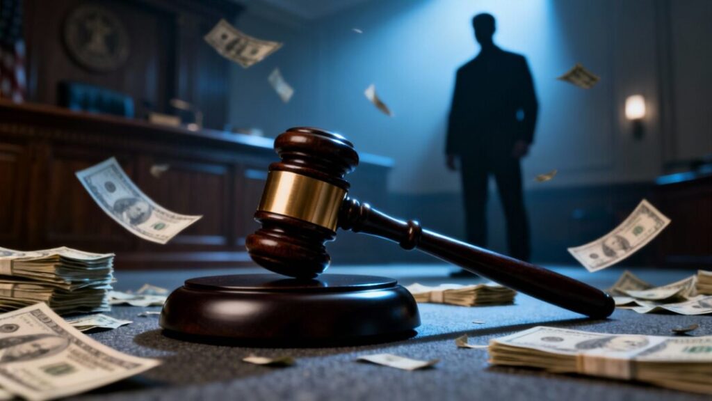 Gavel, money, and courthouse symbolizing legal investigation.