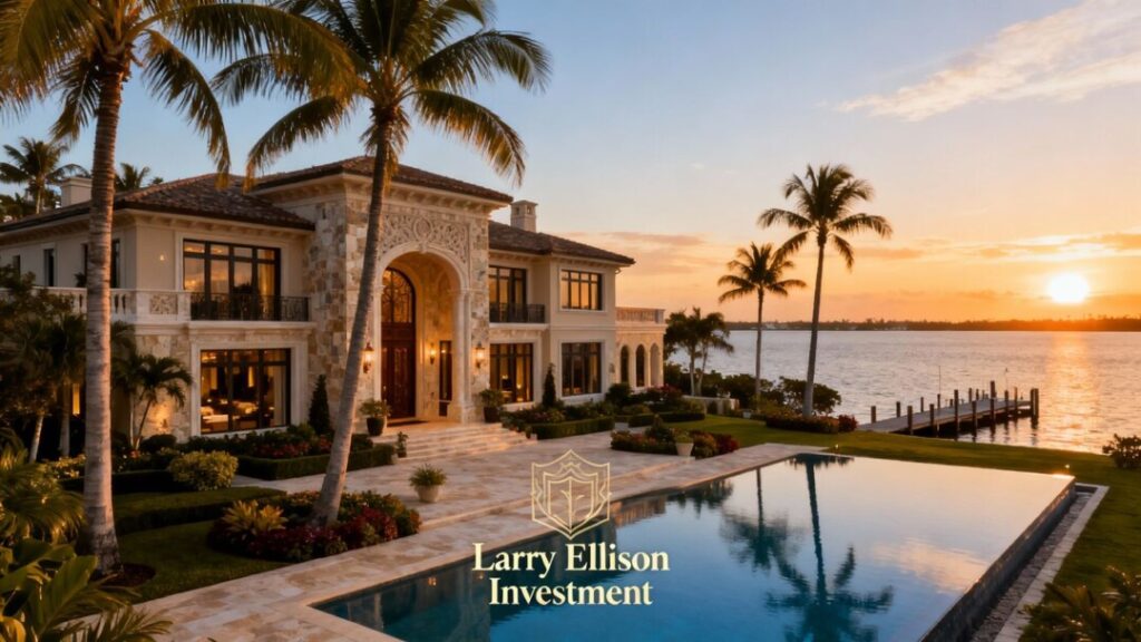 Luxury Florida mansion with waterfront view and palm trees.